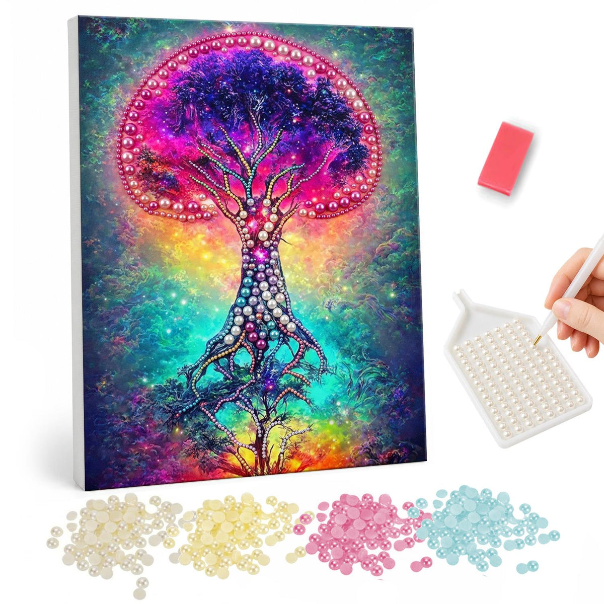 Violet Crown Tree in Rainbow Mist pearl painting – Tree with a purple and magenta canopy and twisting roots glowing against rainbow mist
