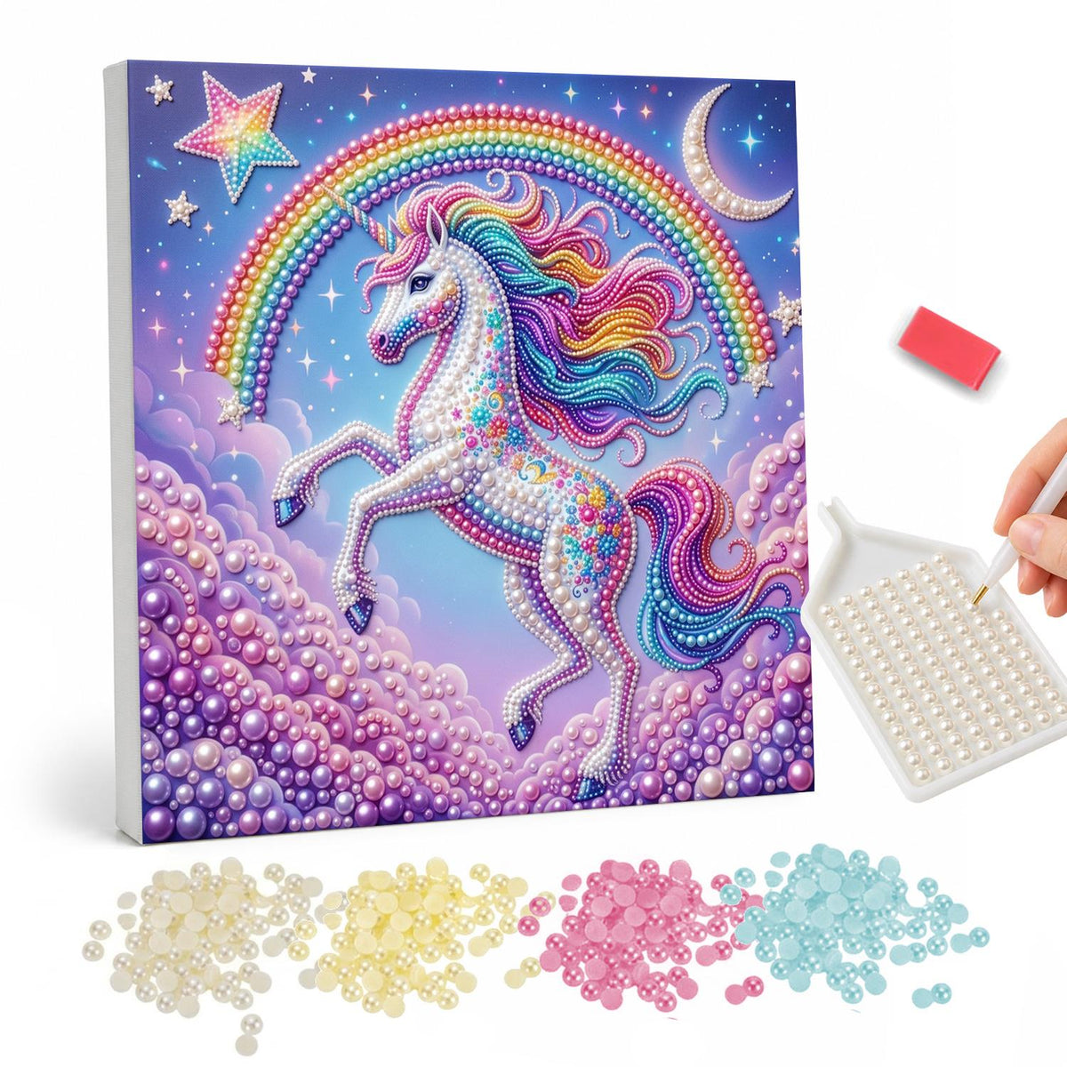 Prancing Unicorn on Lilac Clouds pearl painting – White unicorn with a rainbow mane prancing on lavender clouds under a rainbow, moon and star