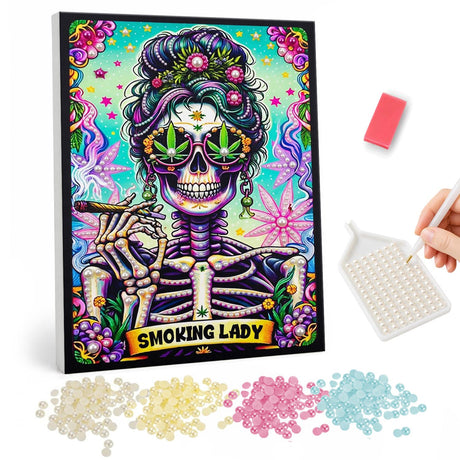 Skeleton Diva with a Flower Bun pearl painting – Skeleton woman with flowers in her hair and leaf-print sunglasses holding a smoke, with a banner, on teal