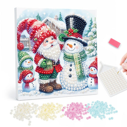 Gnome and Top-Hat Snowman Friends pearl painting – Bearded gnome in a tall red hat beside a top-hatted snowman and small snowmen in a snowy village