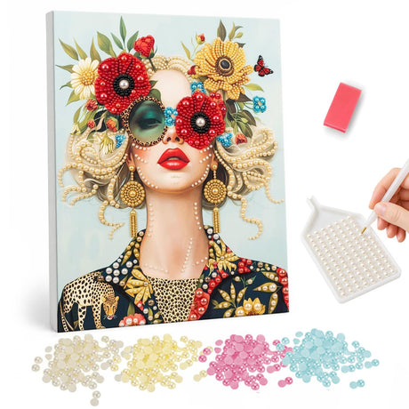 Poppy Glasses and Blonde Curls pearl painting – Woman with blonde curls and red lips wearing red poppy-shaped glasses, sunflowers in her hair