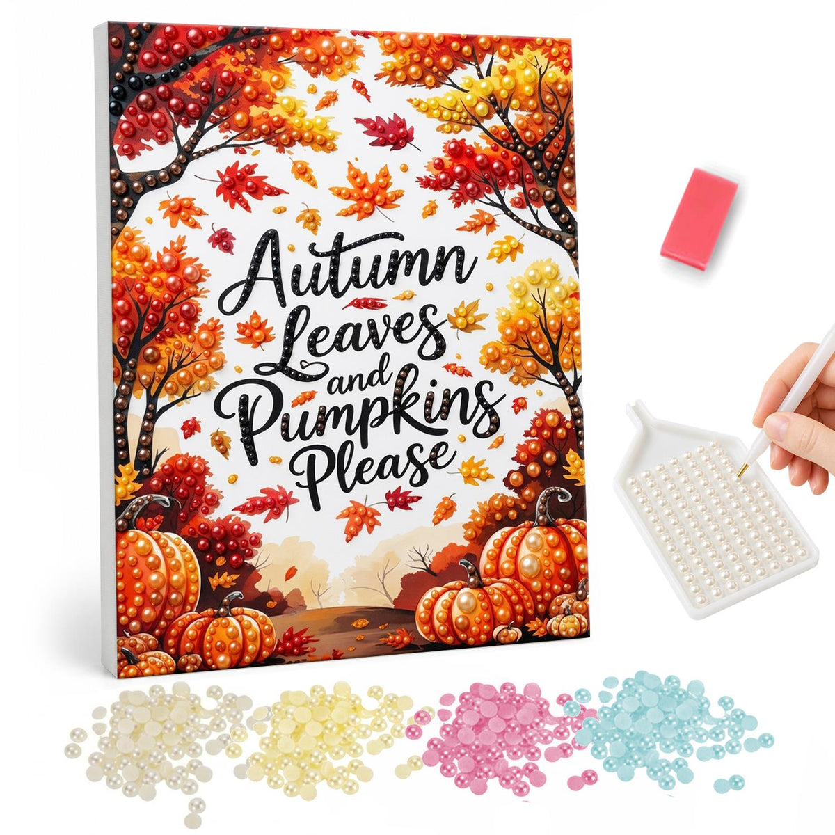 Pumpkins Please Fall Lettering pearl painting – Hand-lettered phrase about autumn leaves and pumpkins framed by orange trees and a row of pumpkins