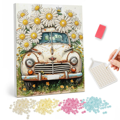 Forgotten Car Under Big Daisies pearl painting – Rusty old cream car parked in tall grass beneath giant white daisies