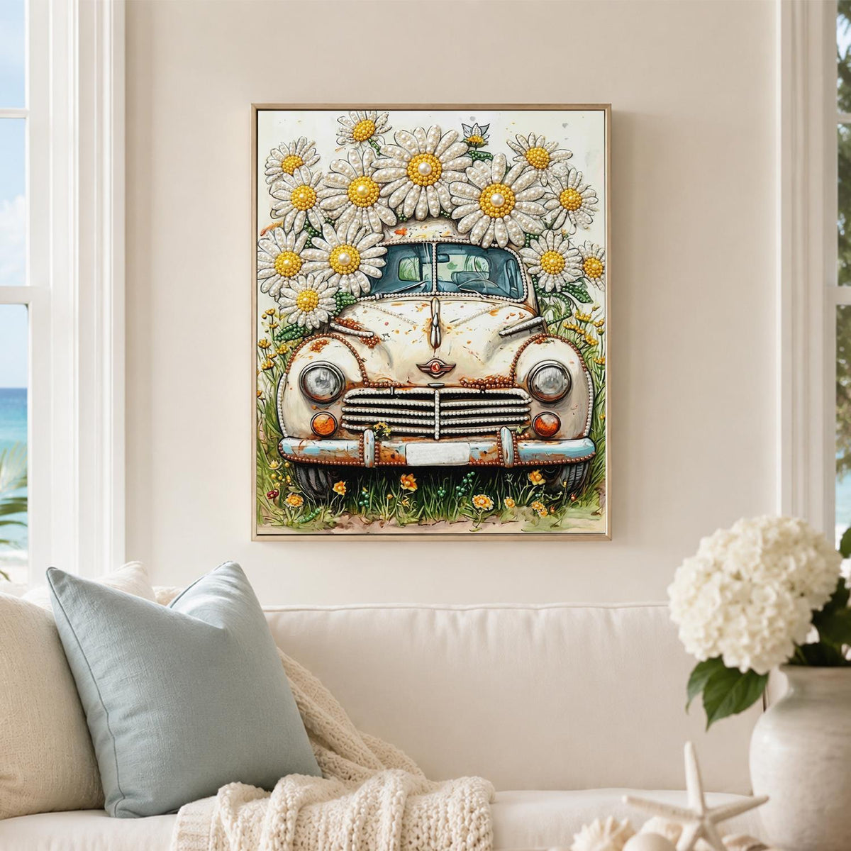 Forgotten Car Under Big Daisies pearl painting – image 3