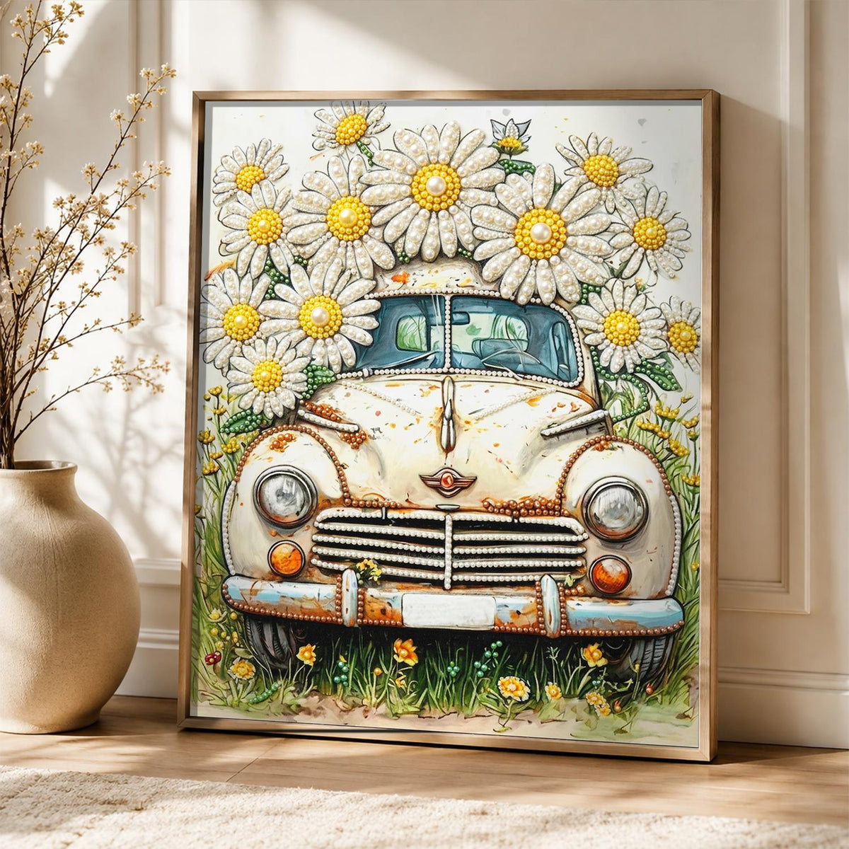 Forgotten Car Under Big Daisies pearl painting – image 5