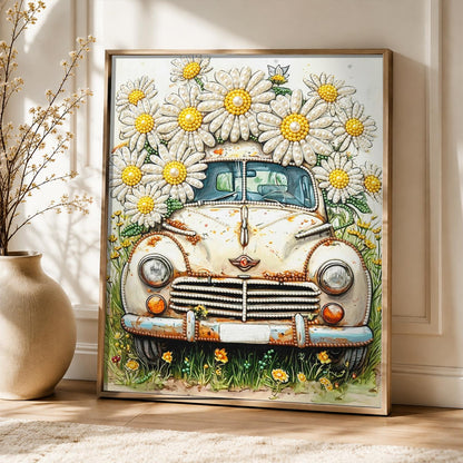 Forgotten Car Under Big Daisies pearl painting – image 5