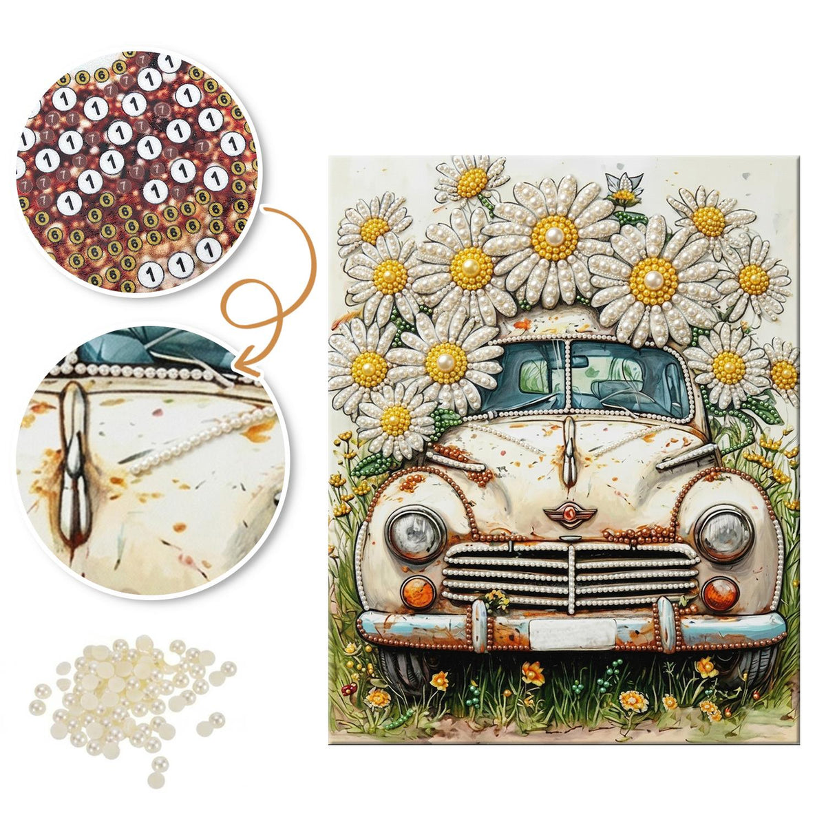 Forgotten Car Under Big Daisies pearl painting – image 6