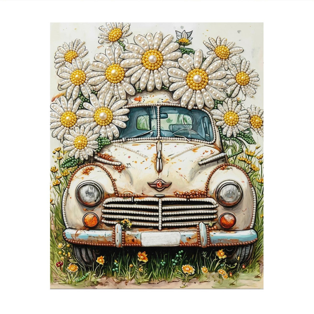 Forgotten Car Under Big Daisies pearl painting – image 11