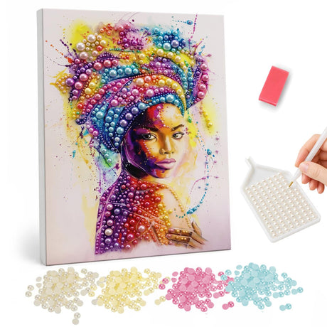 Rainbow Splash Headwrap Portrait pearl painting – Woman in a rainbow beaded headwrap with bright paint splashes of pink, yellow and blue on white