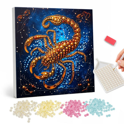 Golden Scorpio Constellation pearl painting – Golden amber scorpion with raised tail among constellation lines on a starry deep blue sky