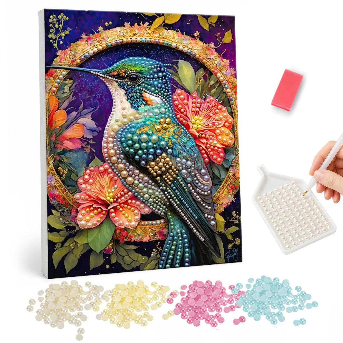 Hummingbird in a Golden Ring pearl painting – Teal hummingbird perched among coral and red flowers inside an ornate golden ring on purple