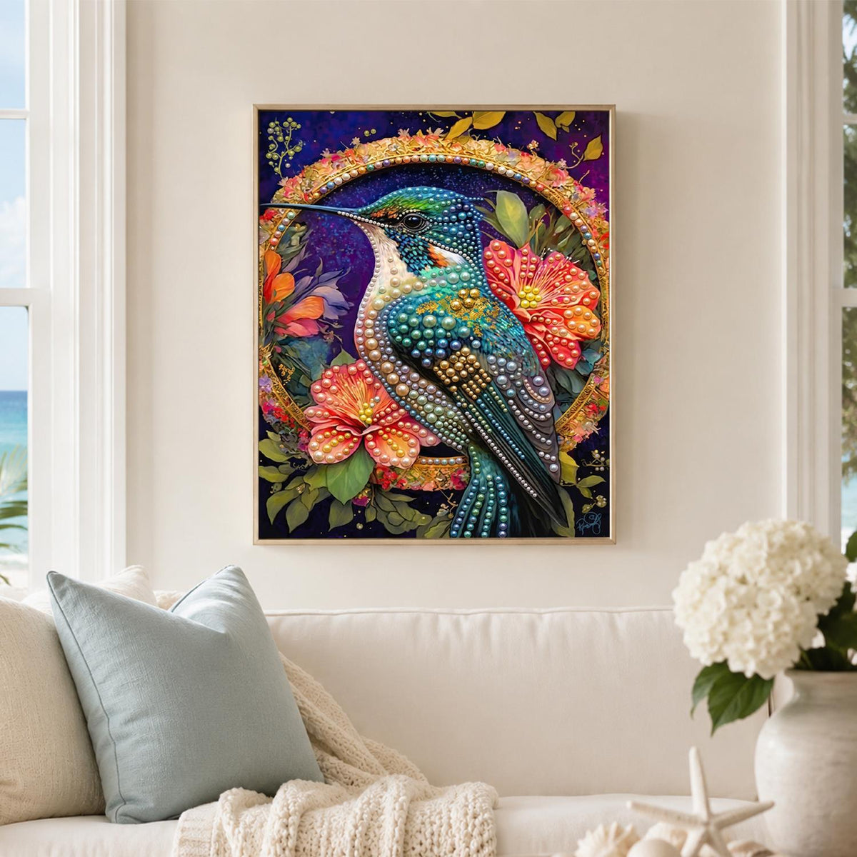 Hummingbird in a Golden Ring pearl painting – image 3