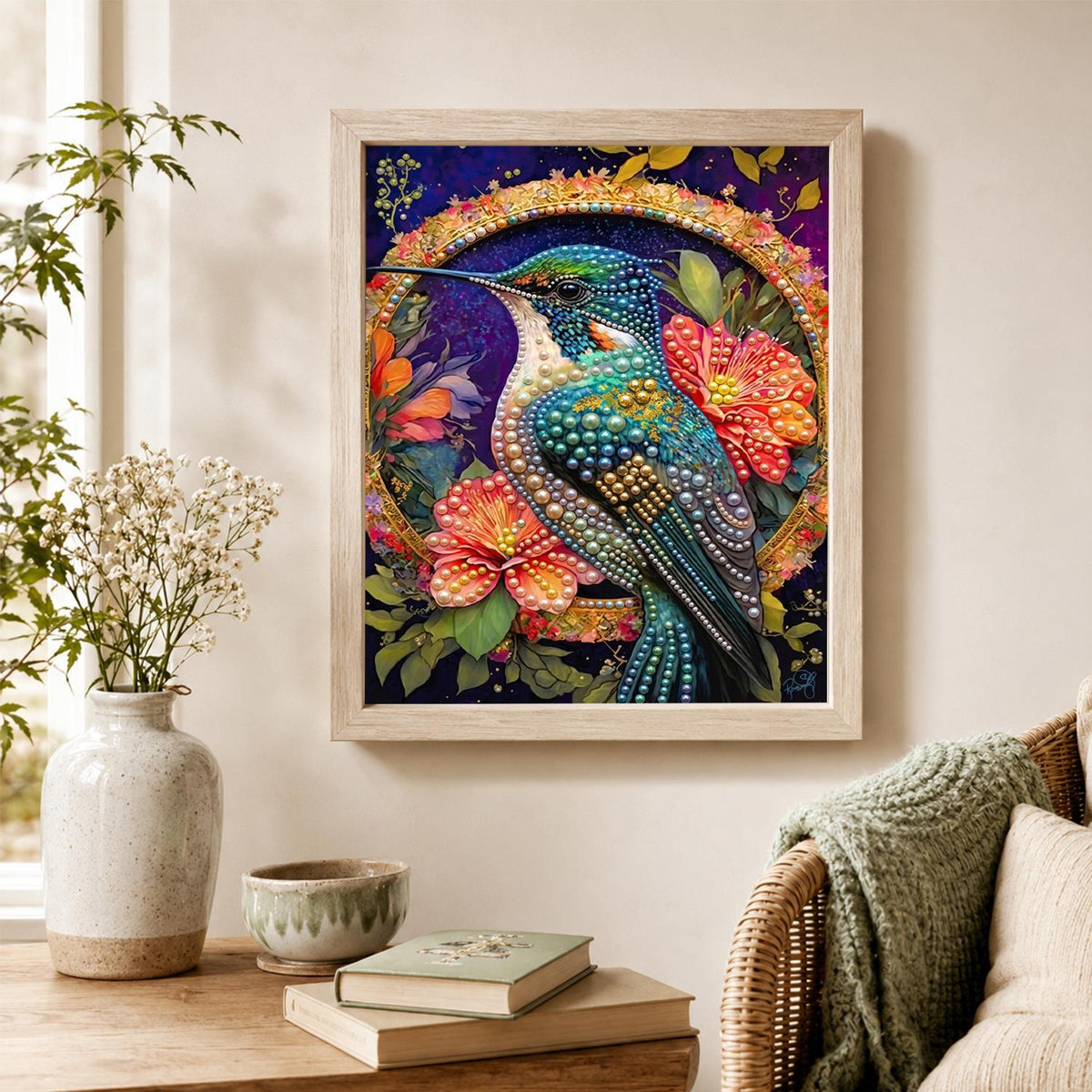 Hummingbird in a Golden Ring pearl painting – image 4