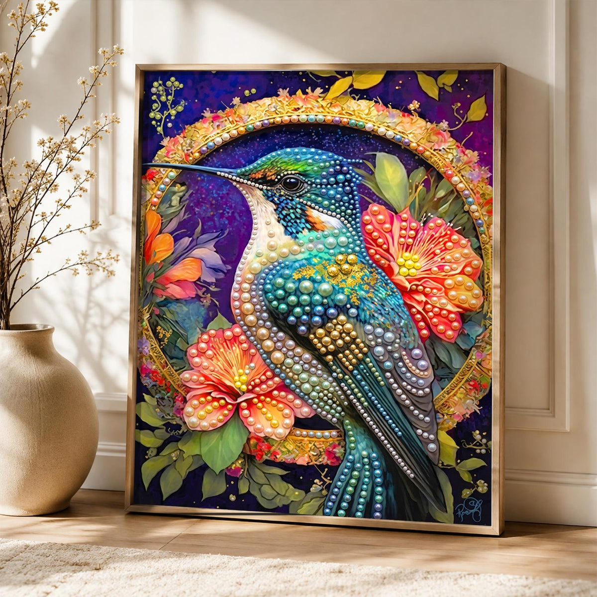 Hummingbird in a Golden Ring pearl painting – image 5