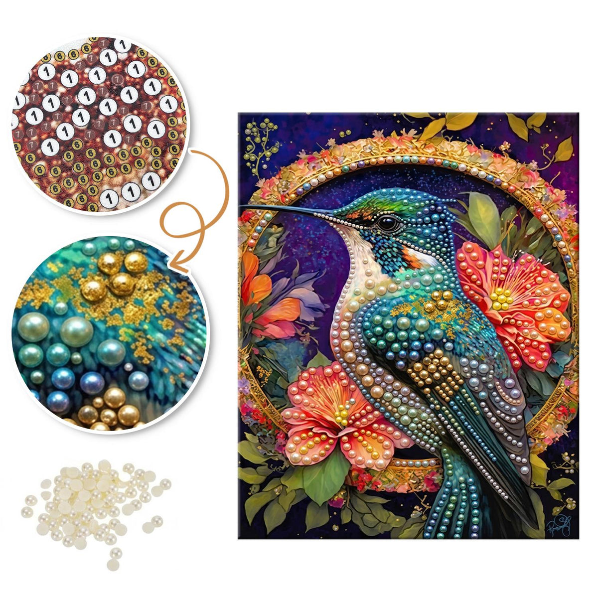 Hummingbird in a Golden Ring pearl painting – image 6