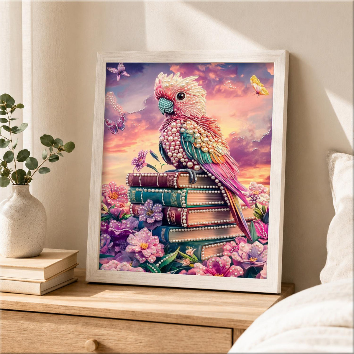 Sunset Cockatoo on a Book Stack pearl painting – image 2