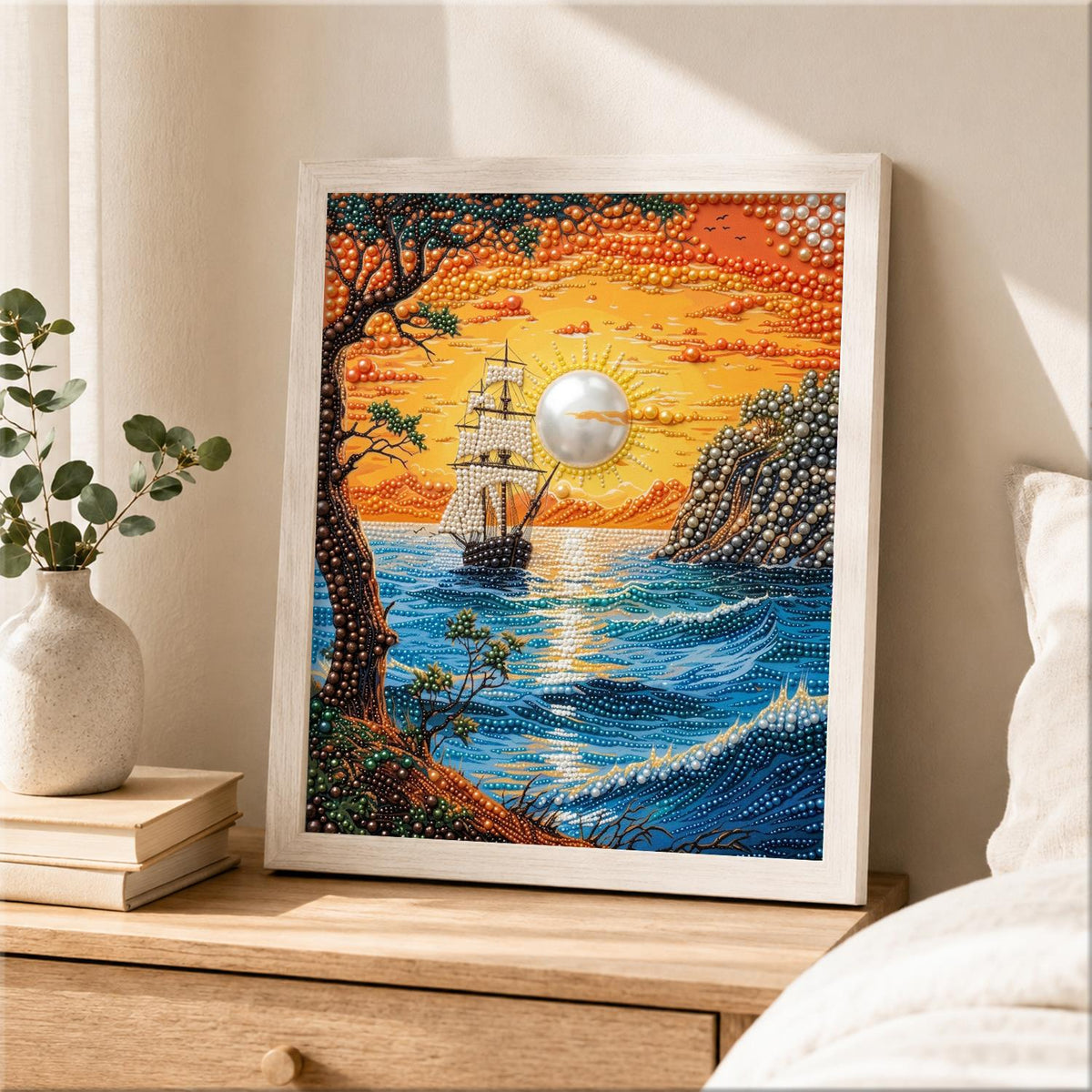 Clifftop View of a Sunset Ship pearl painting – image 2
