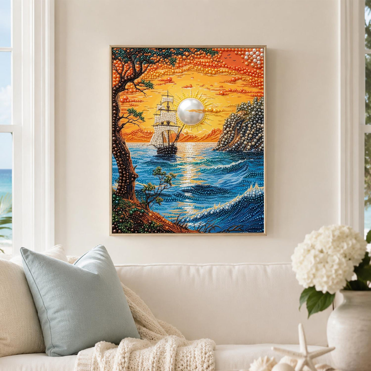 Clifftop View of a Sunset Ship pearl painting – image 3