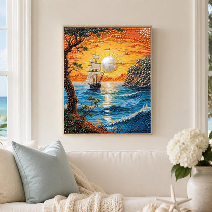 Clifftop View of a Sunset Ship pearl painting – image 3