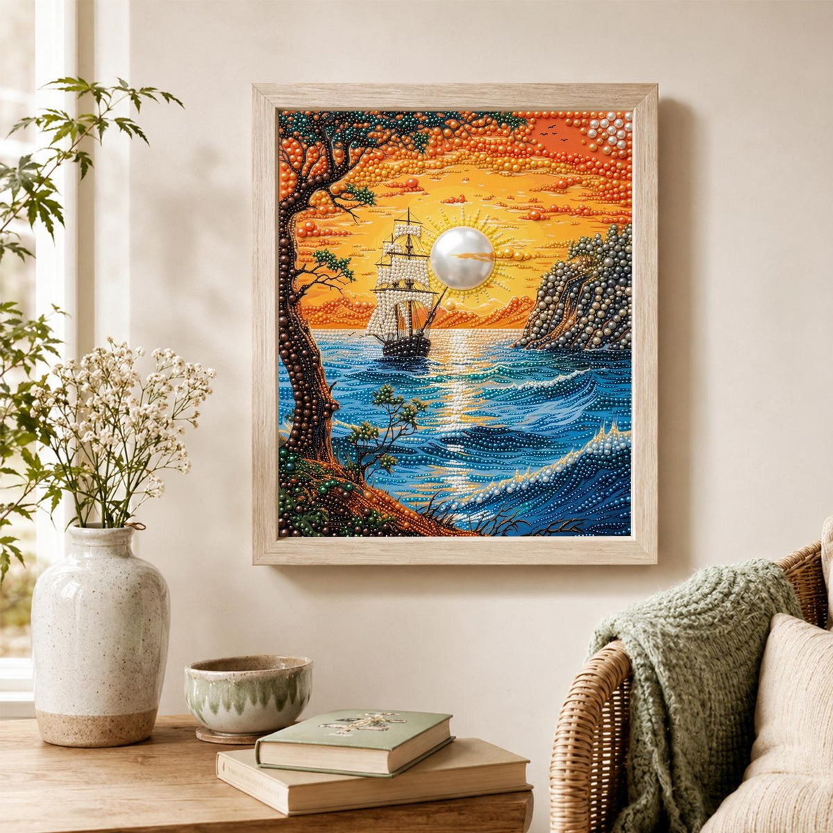 Clifftop View of a Sunset Ship pearl painting – image 4