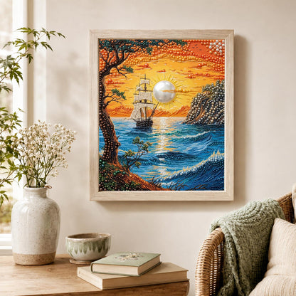 Clifftop View of a Sunset Ship pearl painting – image 4