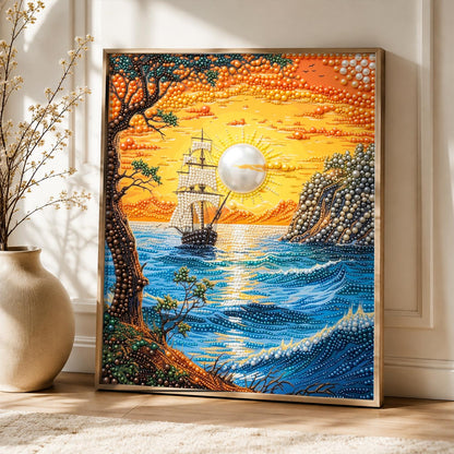Clifftop View of a Sunset Ship pearl painting – image 5