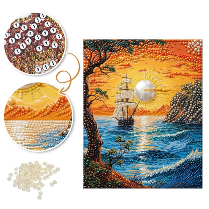 Clifftop View of a Sunset Ship pearl painting – image 6