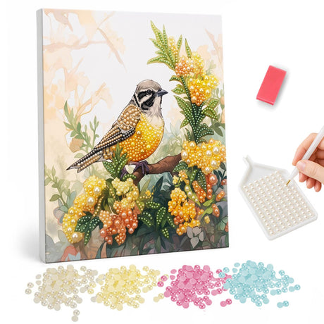 Songbird in Golden Mimosa pearl painting – Small yellow-breasted songbird perched among clusters of yellow and orange blossoms on a pale background