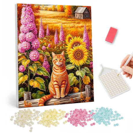 Ginger Cat by the Sunflowers pearl painting – Orange tabby cat sitting on a wooden rail among sunflowers and pink lupines near a farmhouse