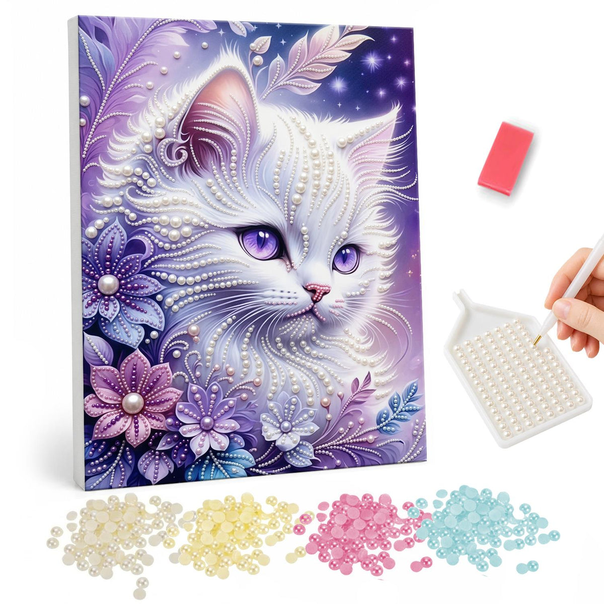 Snow-White Cat in Lavender Petals pearl painting – Fluffy white cat with violet eyes among purple and lilac flowers and feathers