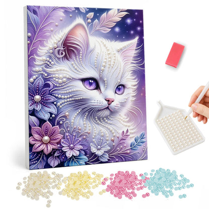 Snow-White Cat in Lavender Petals pearl painting – Fluffy white cat with violet eyes among purple and lilac flowers and feathers