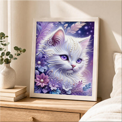 Snow-White Cat in Lavender Petals pearl painting – image 2