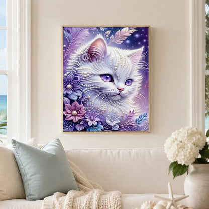 Snow-White Cat in Lavender Petals pearl painting – image 3