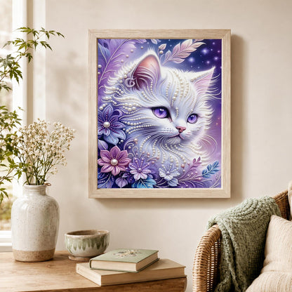 Snow-White Cat in Lavender Petals pearl painting – image 4