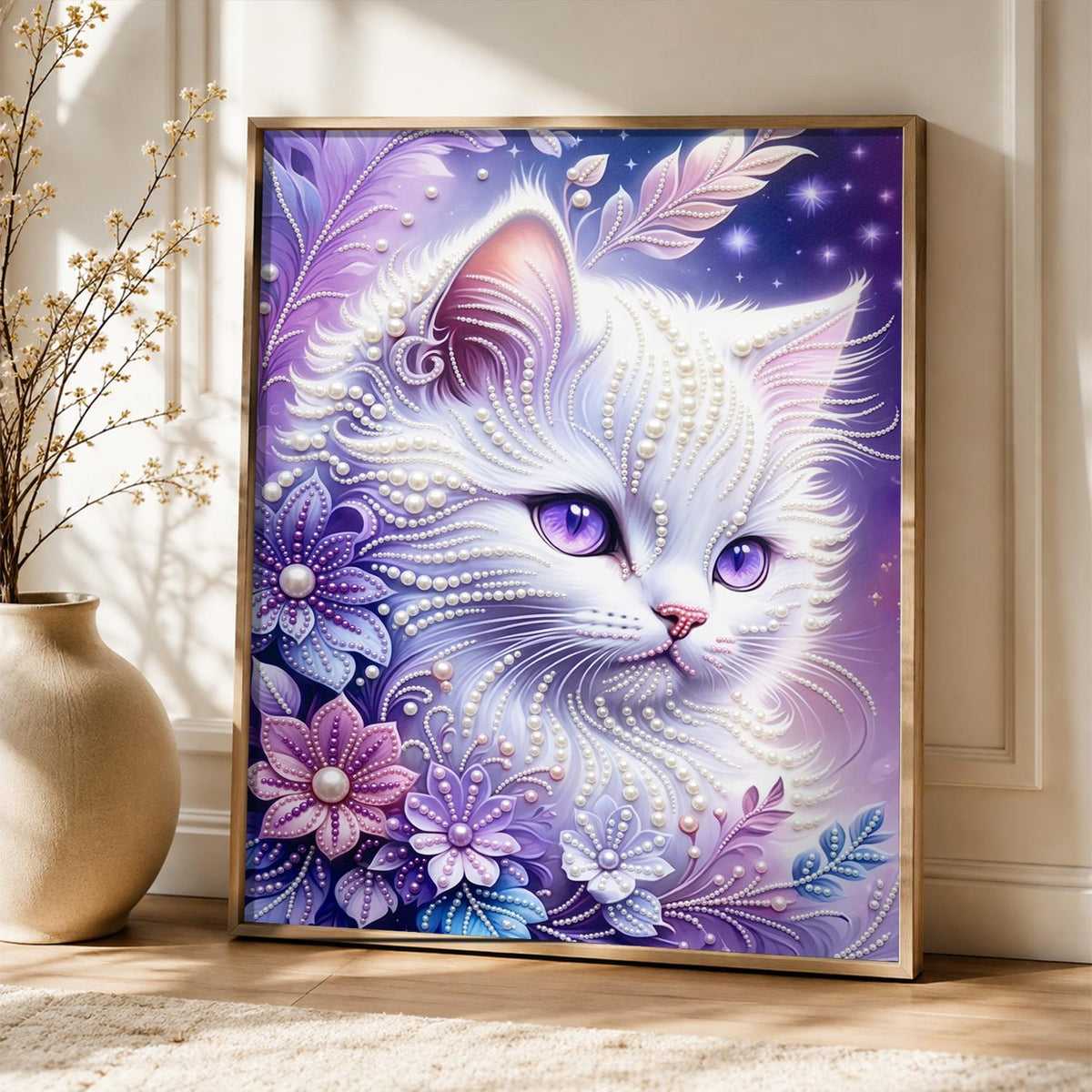 Snow-White Cat in Lavender Petals pearl painting – image 5