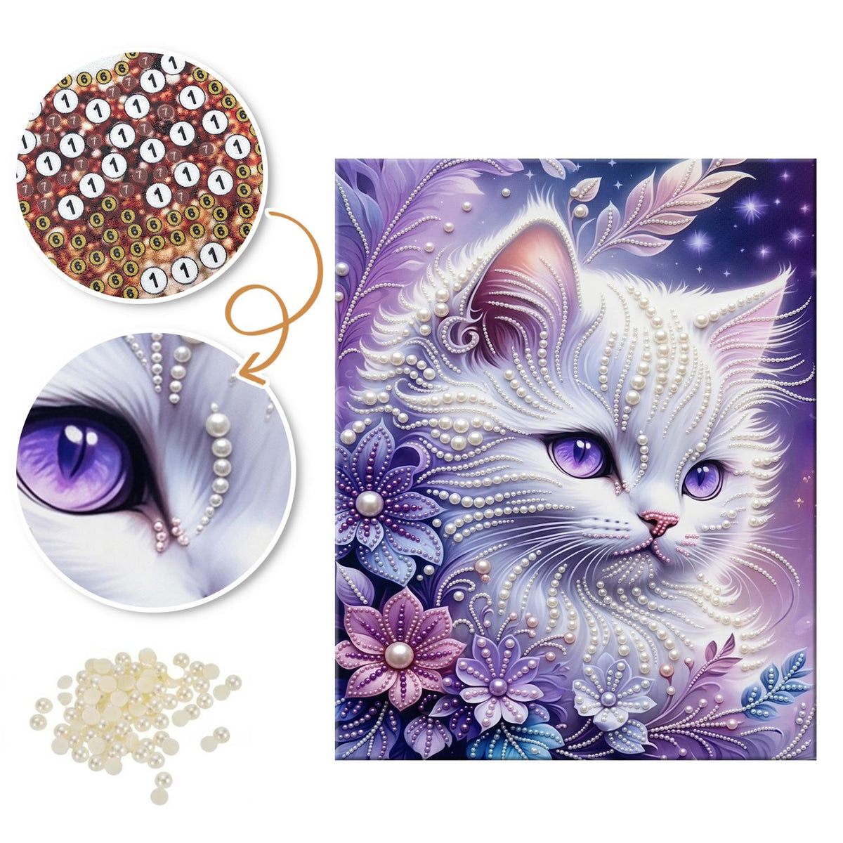 Snow-White Cat in Lavender Petals pearl painting – image 6