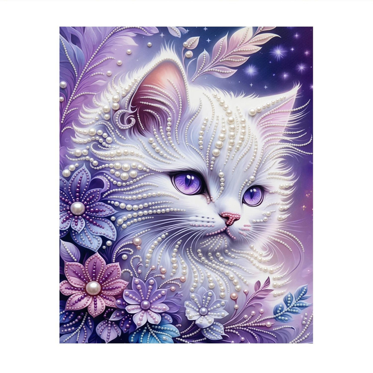 Snow-White Cat in Lavender Petals pearl painting – image 11