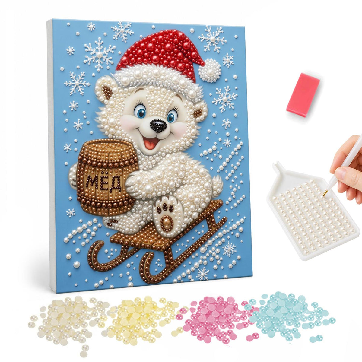 Polar Cub with a Honey Barrel pearl painting – White bear cub in a Santa hat hugging a honey barrel on a wooden sled against a blue snowy sky