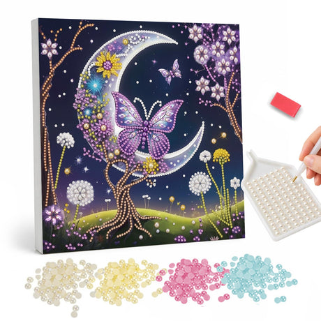 Butterfly Moon Above Dandelions pearl painting – Purple butterfly resting on a flower-trimmed crescent moon above dandelions and blossoming branches at night