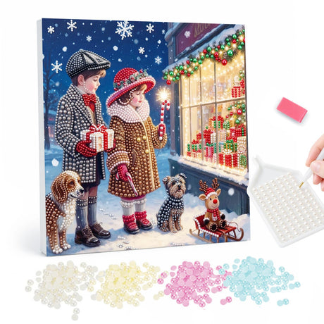 Children at the Toy Shop Window pearl painting – Two children in vintage winter coats with two dogs gazing into a glowing shop window full of gifts