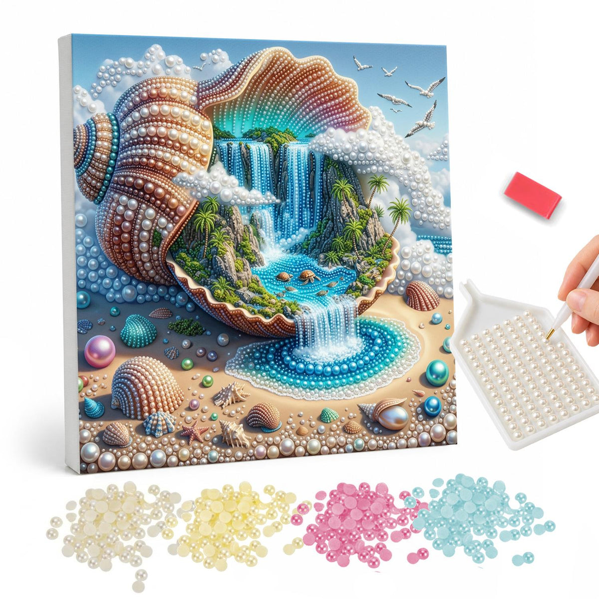 Island Paradise in a Giant Shell pearl painting – Giant open seashell holding a lush tropical island with a waterfall spilling into a blue lagoon
