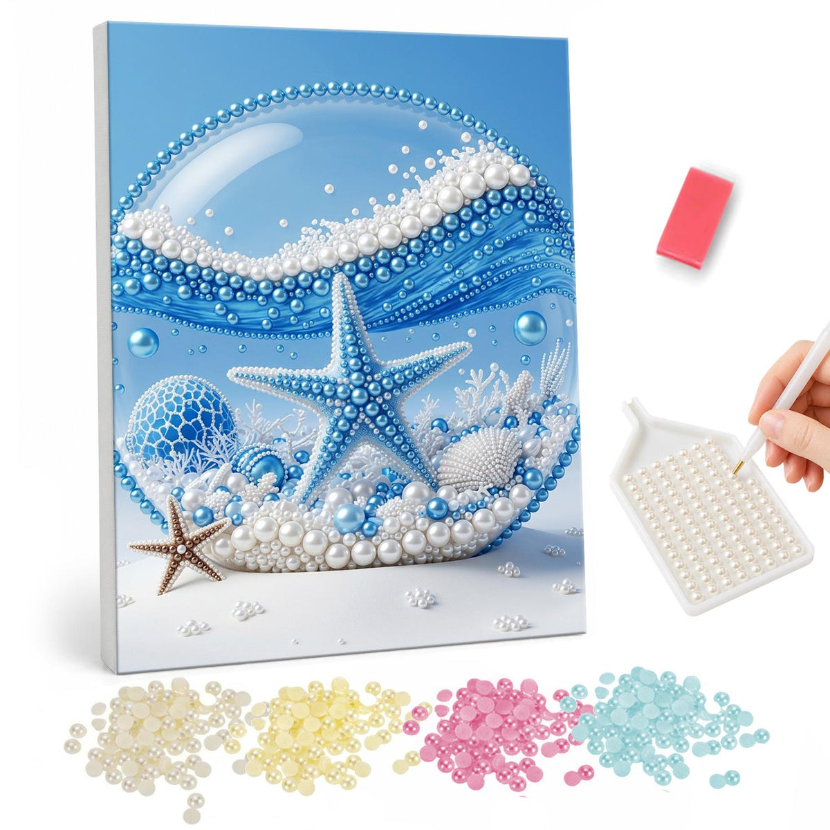 Blue Starfish in a Glass Dome pearl painting – Blue starfish and shells inside a glass sphere with a curling blue wave, a small starfish on the sand outside