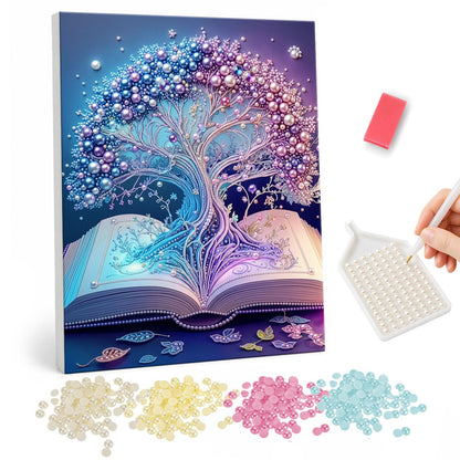 Storybook Tree of Dreams pearl painting – Tree with pink and purple blossoms growing out of the pages of an open glowing book