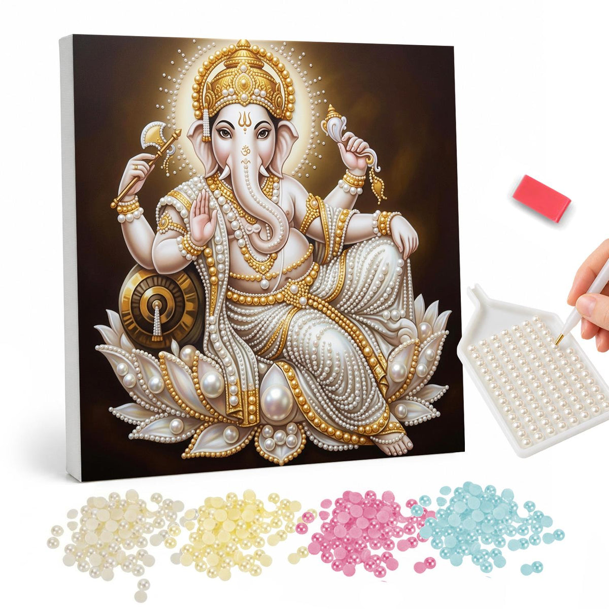 Lord Ganesha Seated in Gold pearl painting – Hindu deity Ganesha in white and gold robes and crown, seated on a lotus flower with a raised hand