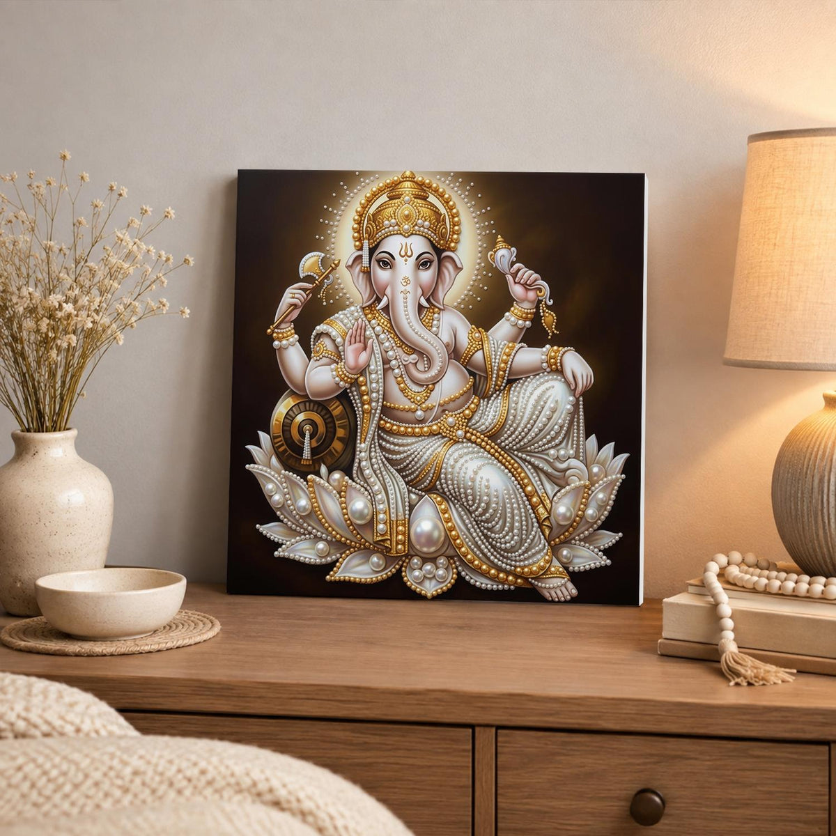 Lord Ganesha Seated in Gold pearl painting – image 3