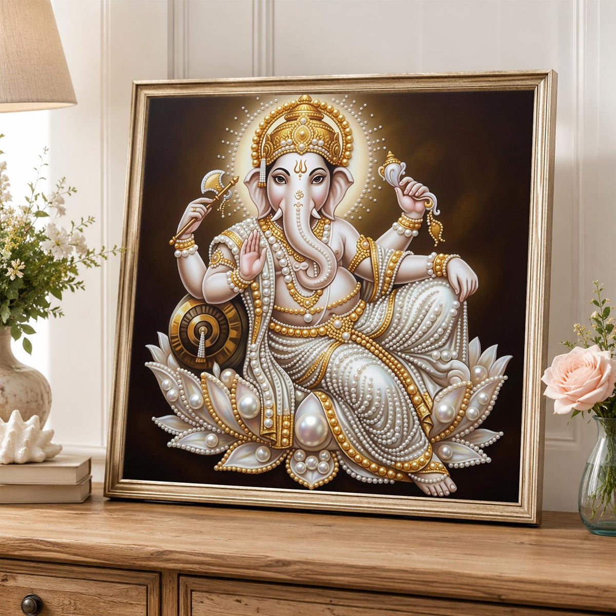 Lord Ganesha Seated in Gold pearl painting – image 5