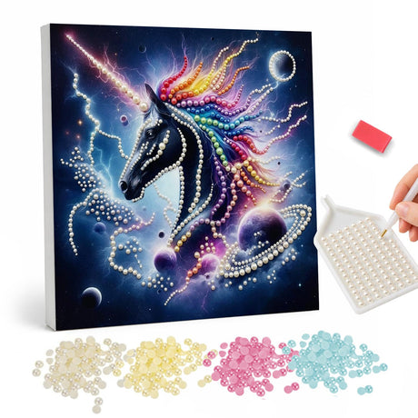 Black Unicorn in a Starstorm pearl painting – Black unicorn with a flowing rainbow mane against a starry galaxy with planets and lightning