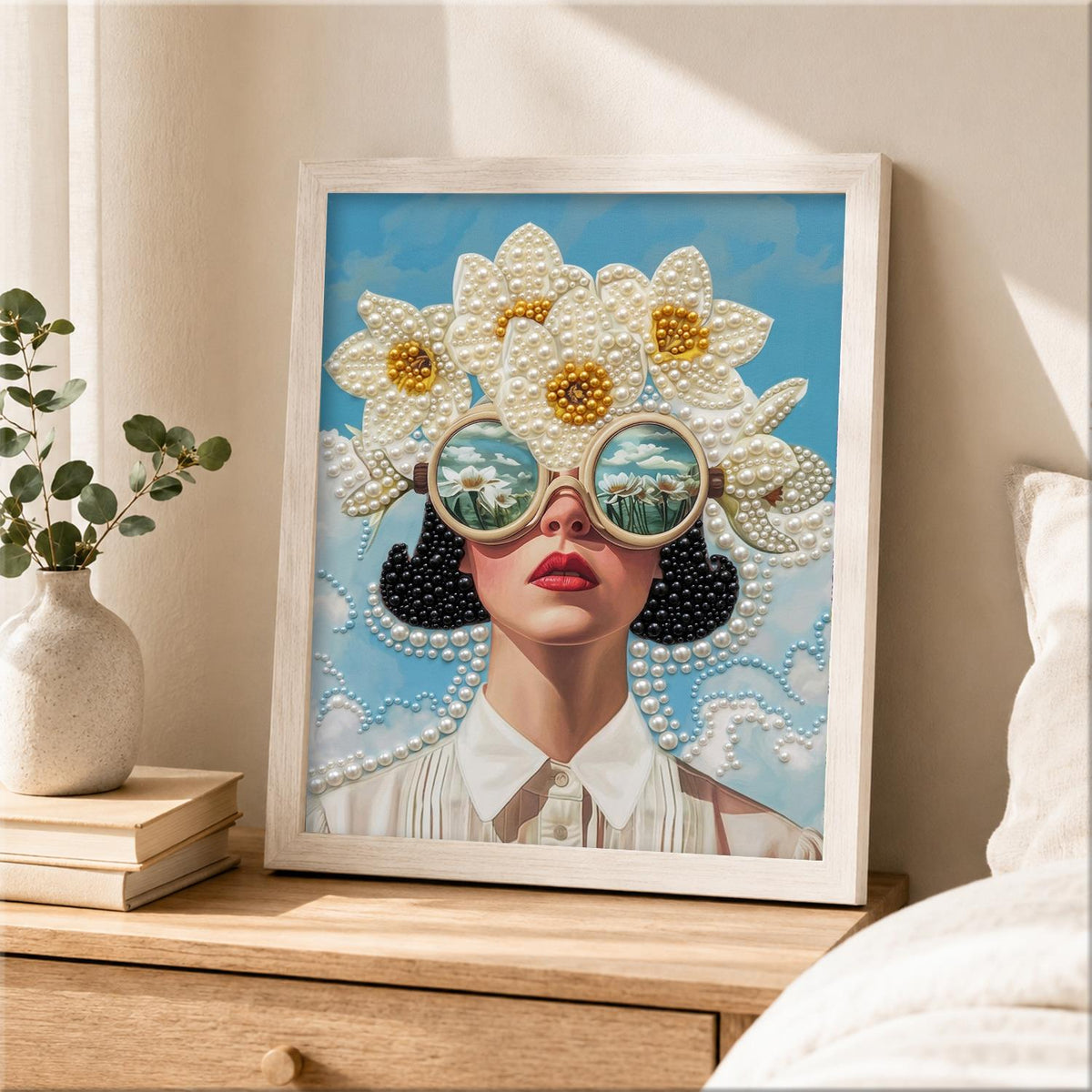 Daisy-Crowned Lady in Round Shades pearl painting – image 2