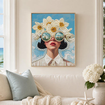 Daisy-Crowned Lady in Round Shades pearl painting – image 3