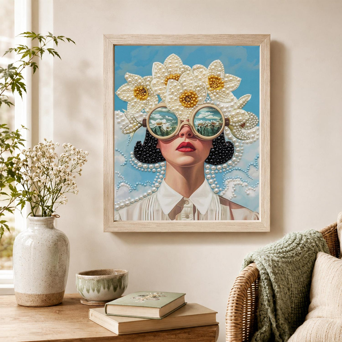 Daisy-Crowned Lady in Round Shades pearl painting – image 4
